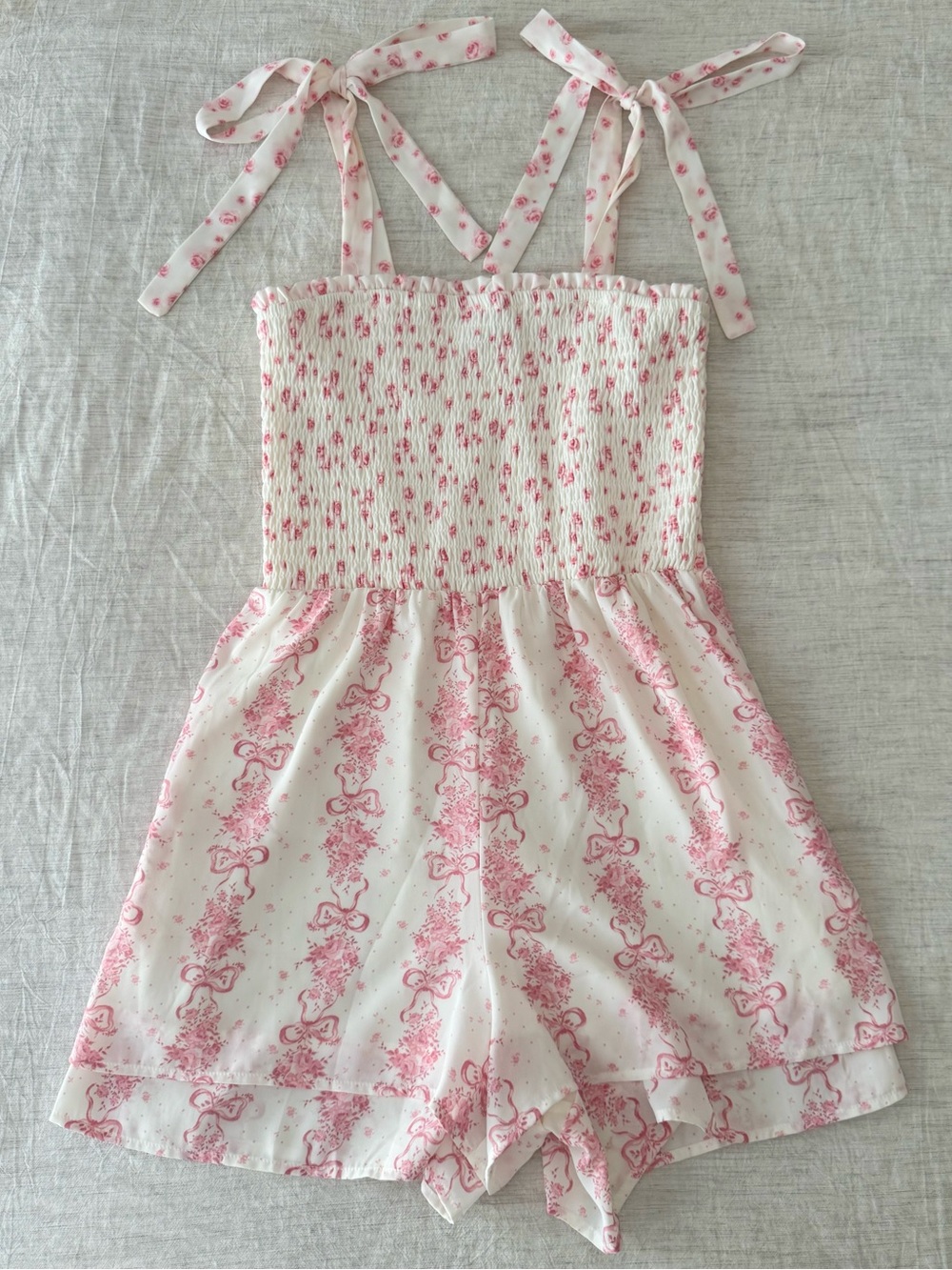 Womens Pink Floral Tie Shoulder One Piece Romper Chiffon Bow Print